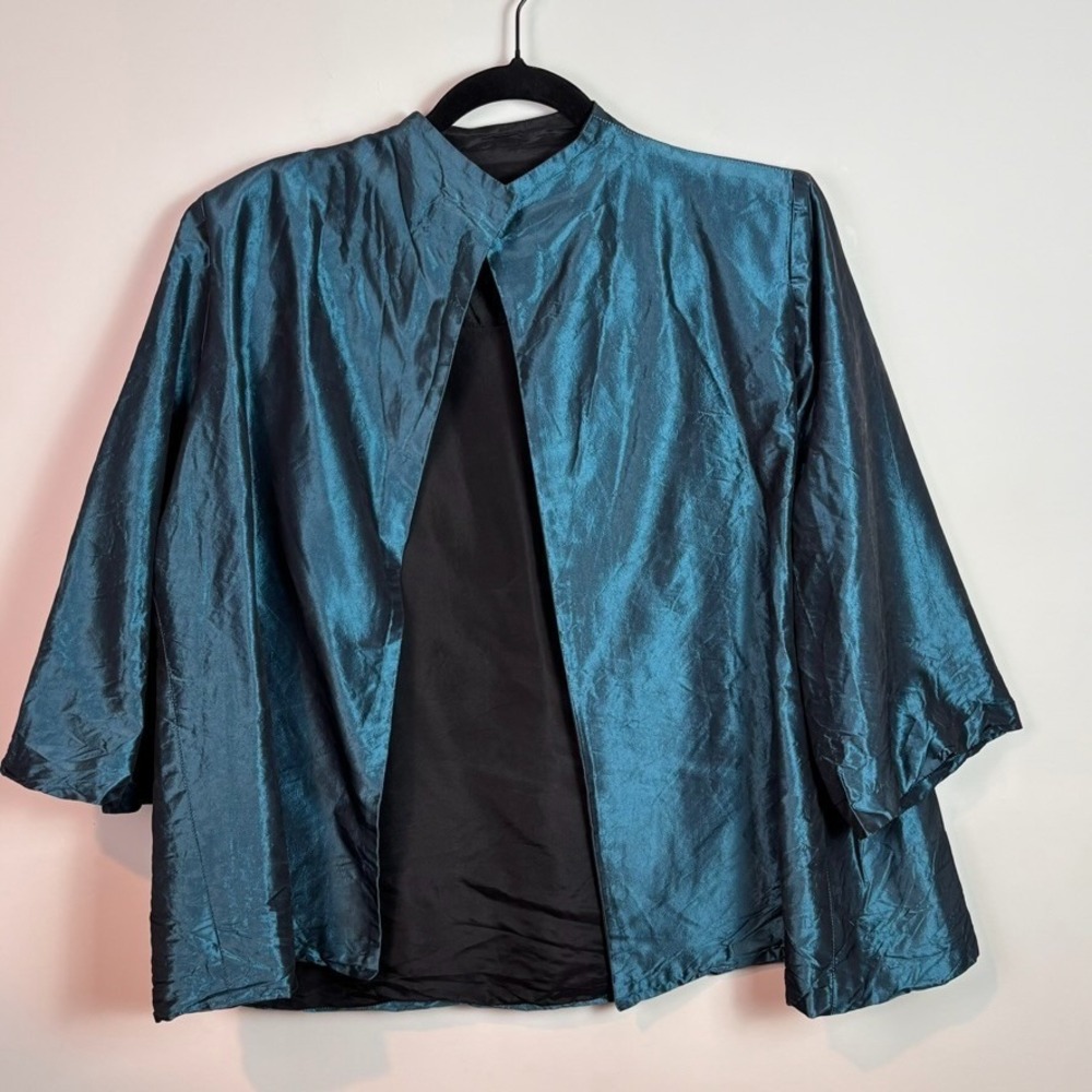 VTG Mark Heister Womens 100% Silk Blue Iridisendest Open Front Jacket size MED